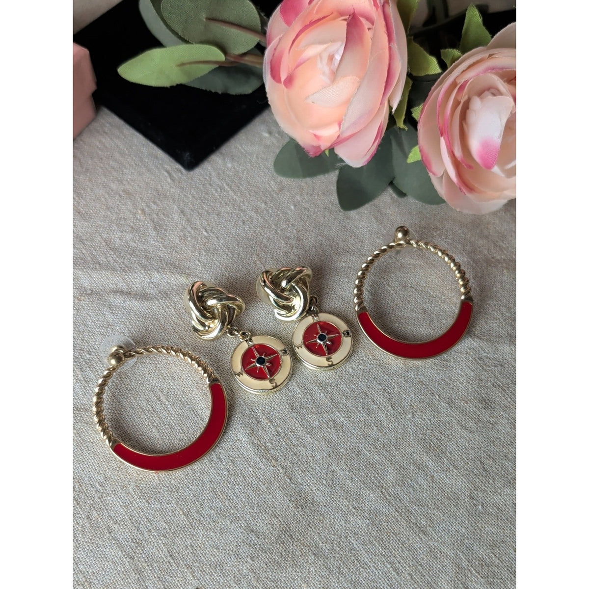 Vintage Gold Tone Nautical Compass Earrings Enamel Love Knot Dangle & Hoop Set