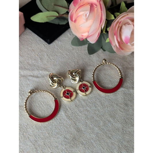 Vintage Gold Tone Nautical Compass Earrings Enamel Love Knot Dangle & Hoop Set
