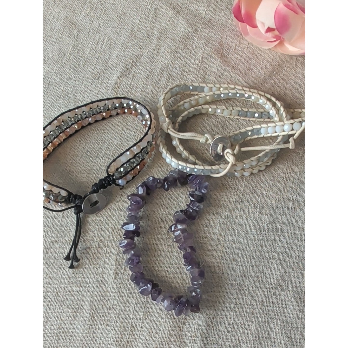 Amethyst Gemstone & Crystal Glass Bracelet Stack Boho Wrap Set of 3