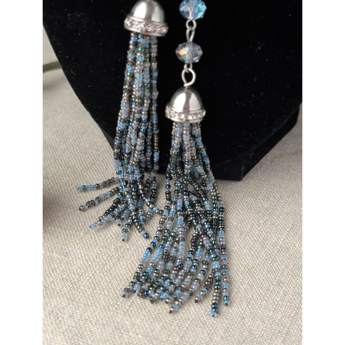 Beautiful Icy Blue AB Crystal Beaded Necklace Seed Bead Tassels 42"
