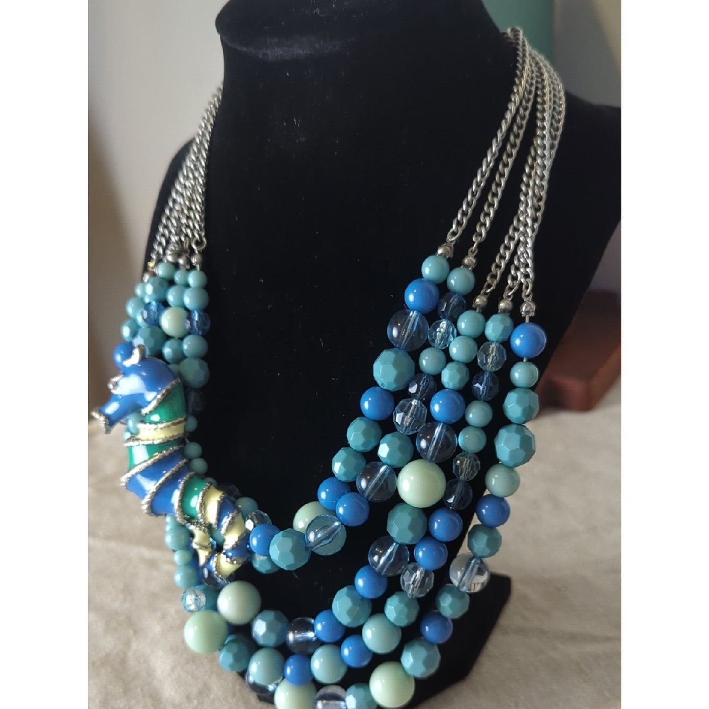 Vintage Seahorse Statement Necklace, Coastal Art to Wear, Layered Beaded Ocean