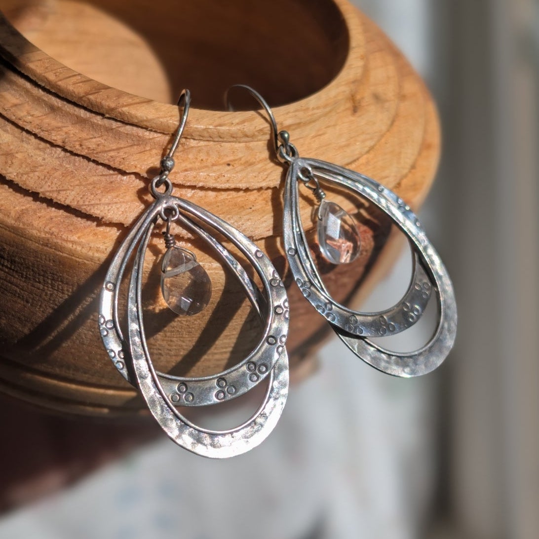 Vintage Silpada Sterling Silver Teardrop Double Hoop Dangle Earrings with Faceted Crystal Drops, Retired Boho Jewelry Style W1681