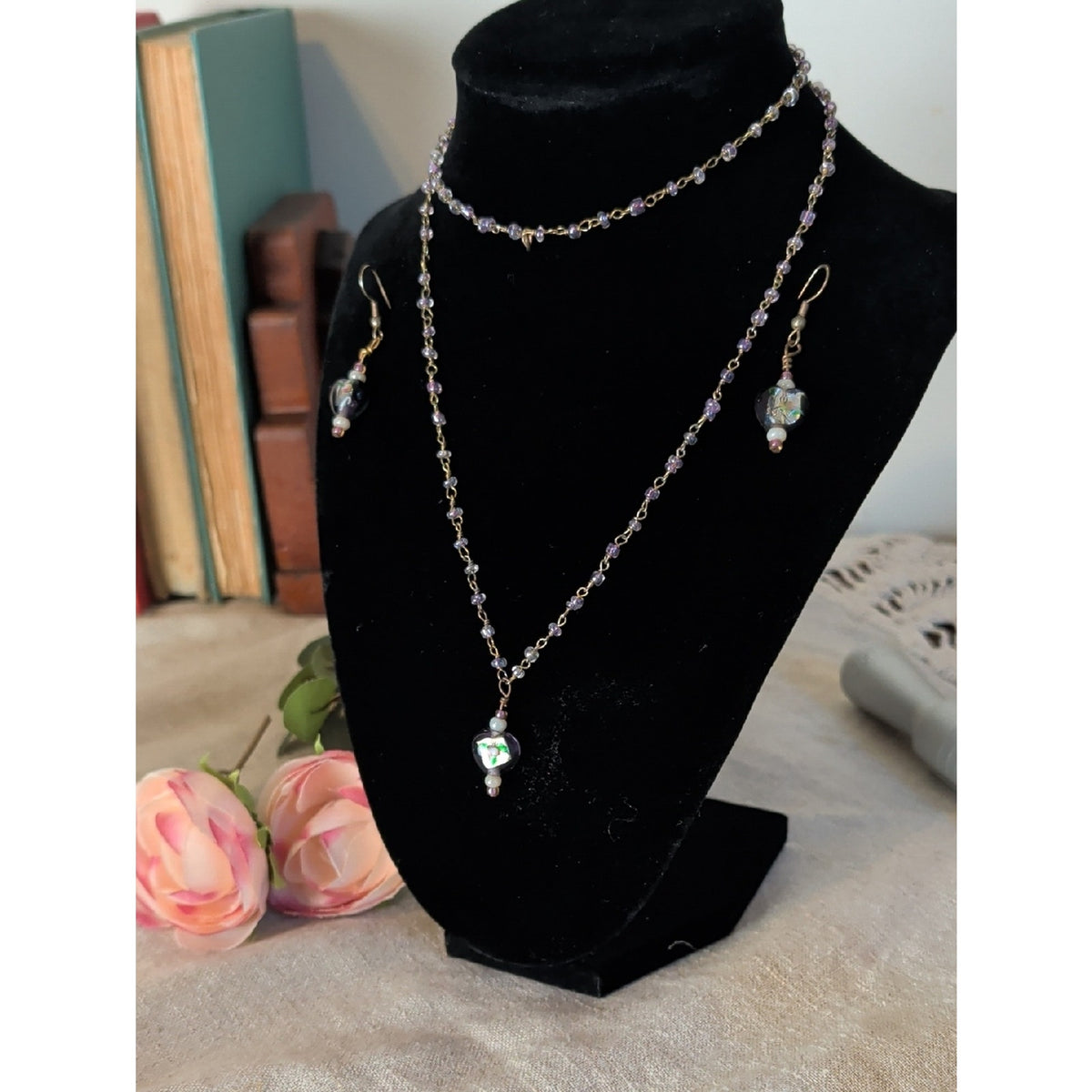 Artisan Lampwork Glass Necklace & Earrings Set Murano Inspired Purple