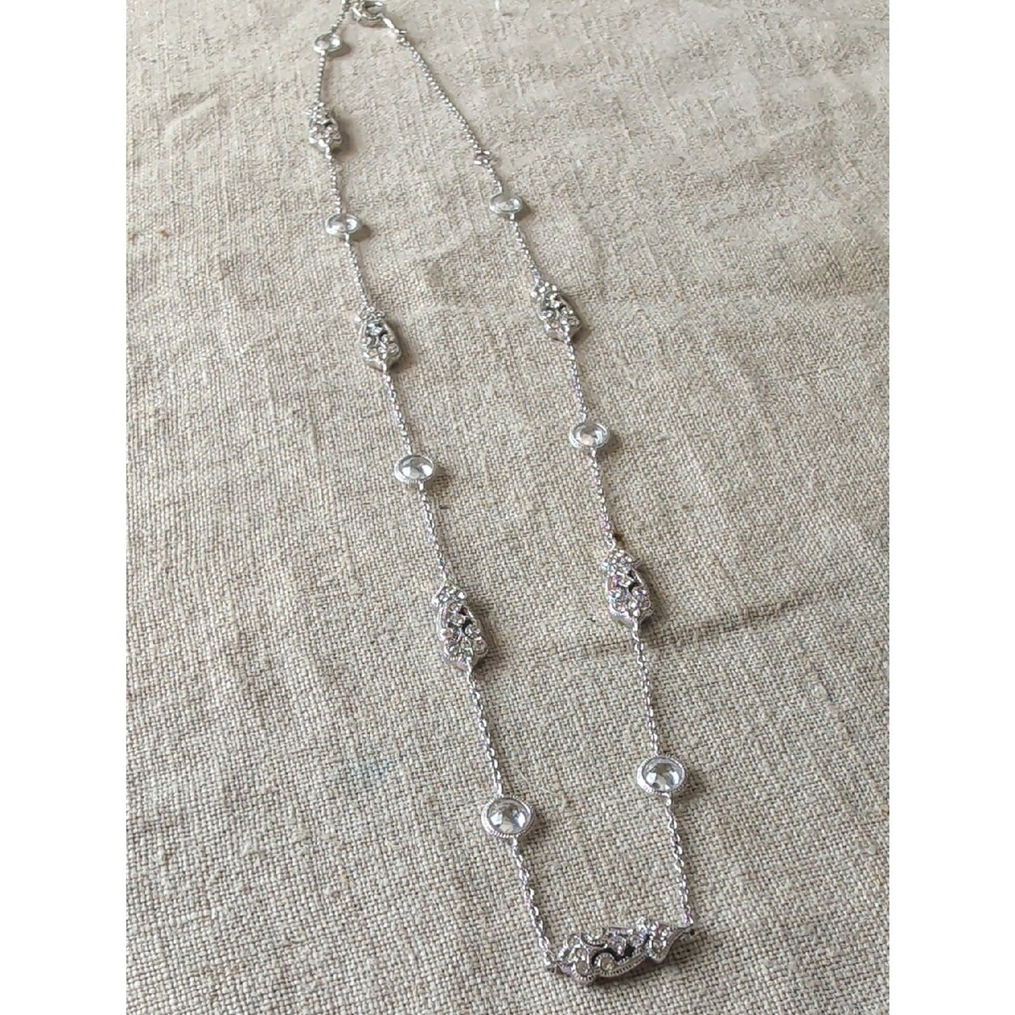 Nardi Venetian Revival Station Necklace CZ Filigree Silver Tone Art Deco Bridal