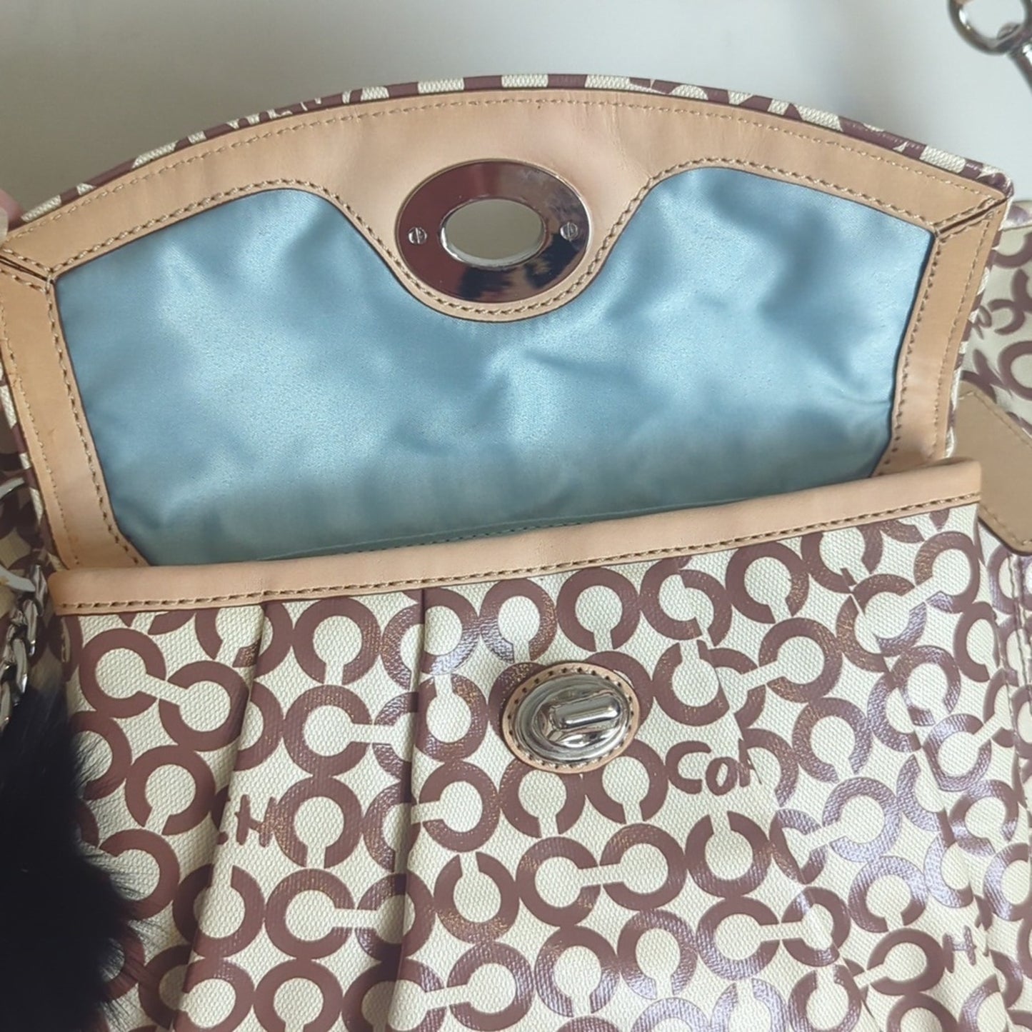 Coach "Leah" Coated Canvas Hobo Large Crossbody Tote Bag Two Bag Charms