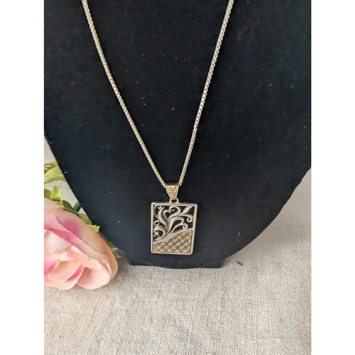 eSBe Designs Sara Blaine 925 Sterling Silver Brass Pendant Vintage Italy Box Chain Necklace 7g