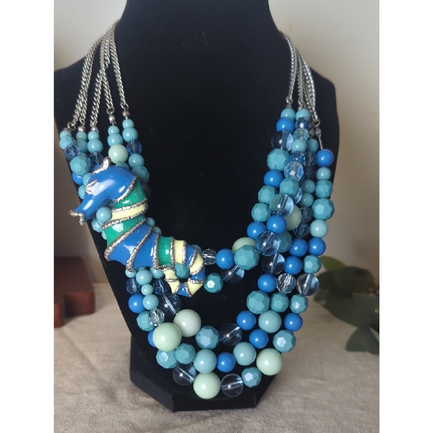 Vintage Seahorse Statement Necklace, Coastal Art to Wear, Layered Beaded Ocean