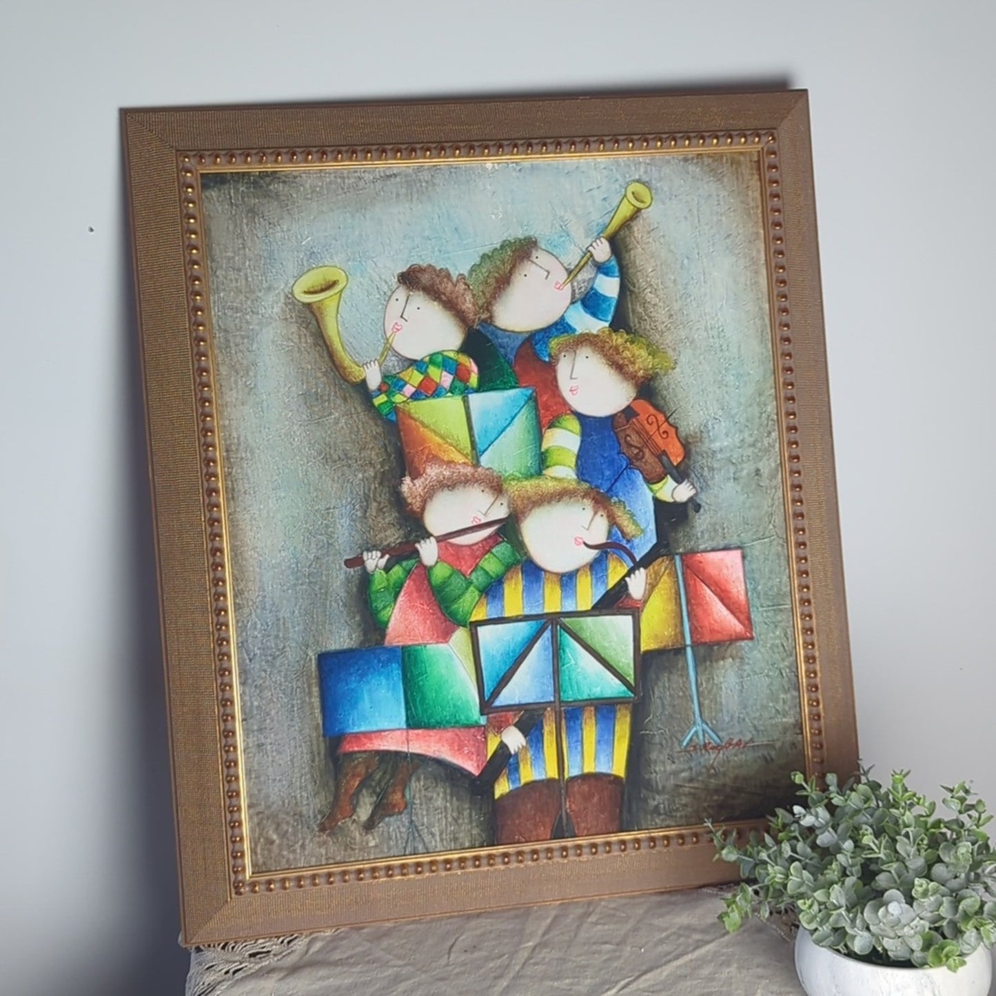 Vintage Roybal Style Musicians Painting Framed Canvas Whimsical Folk Art 24x28