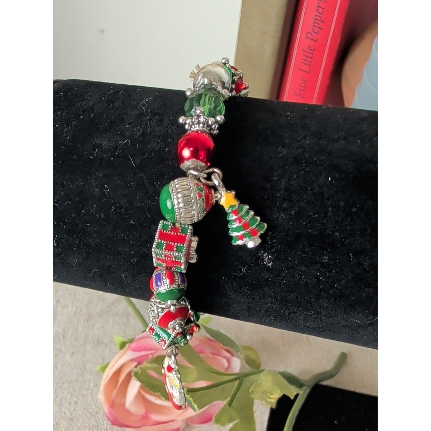 Vintage 80s Christmas Charm Bracelet Santa Tree Candy Cane Holiday Stretch