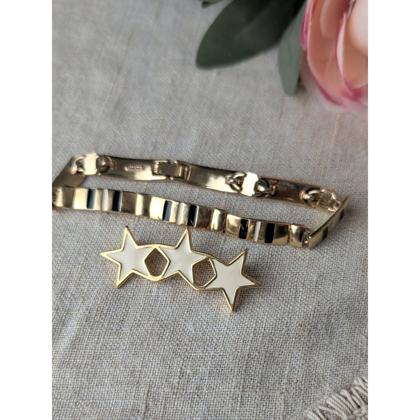 Monet White Enamel Star Brooch and Minimalist Bracelet Set