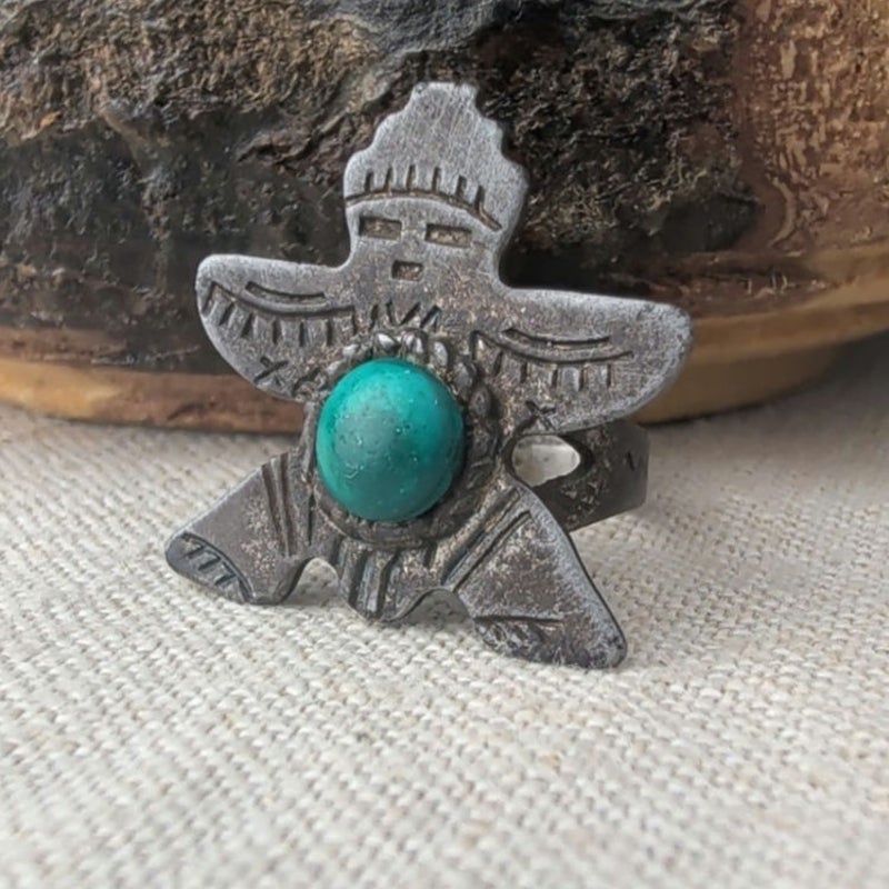 Vintage Fred Harvey Era Maisel's Indian Trading Post GREEN Turquoise Kachina Ring 4g