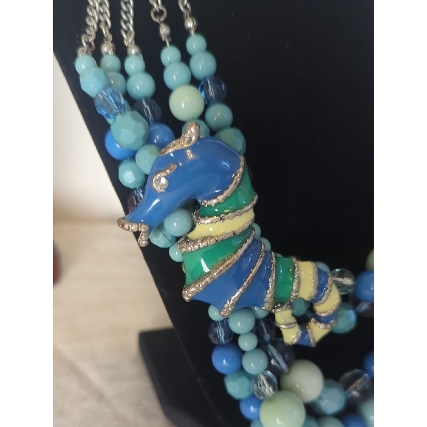 Vintage Seahorse Statement Necklace, Coastal Art to Wear, Layered Beaded Ocean