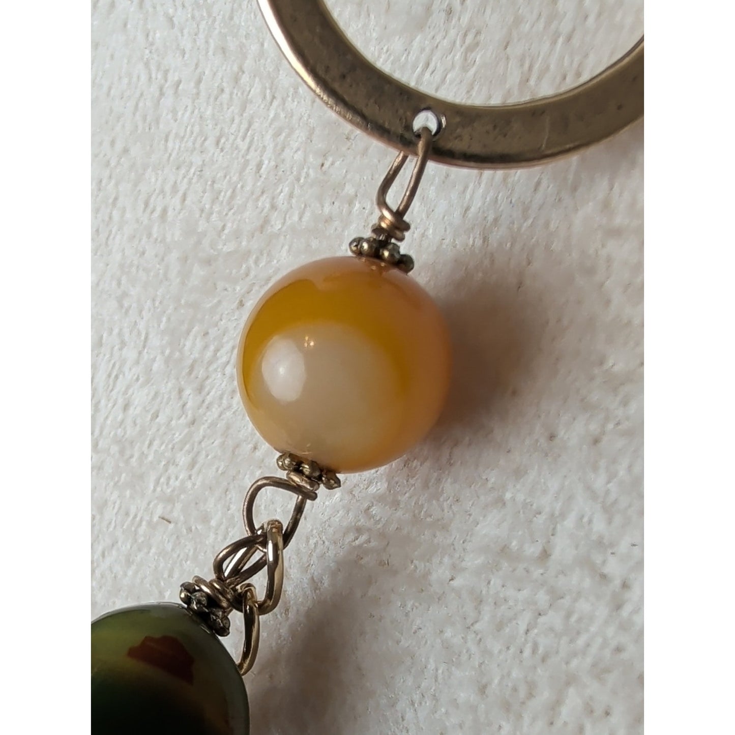 Gold Tone Statement Necklace with Genuine Green Agate & Glass Beads Asymmetric