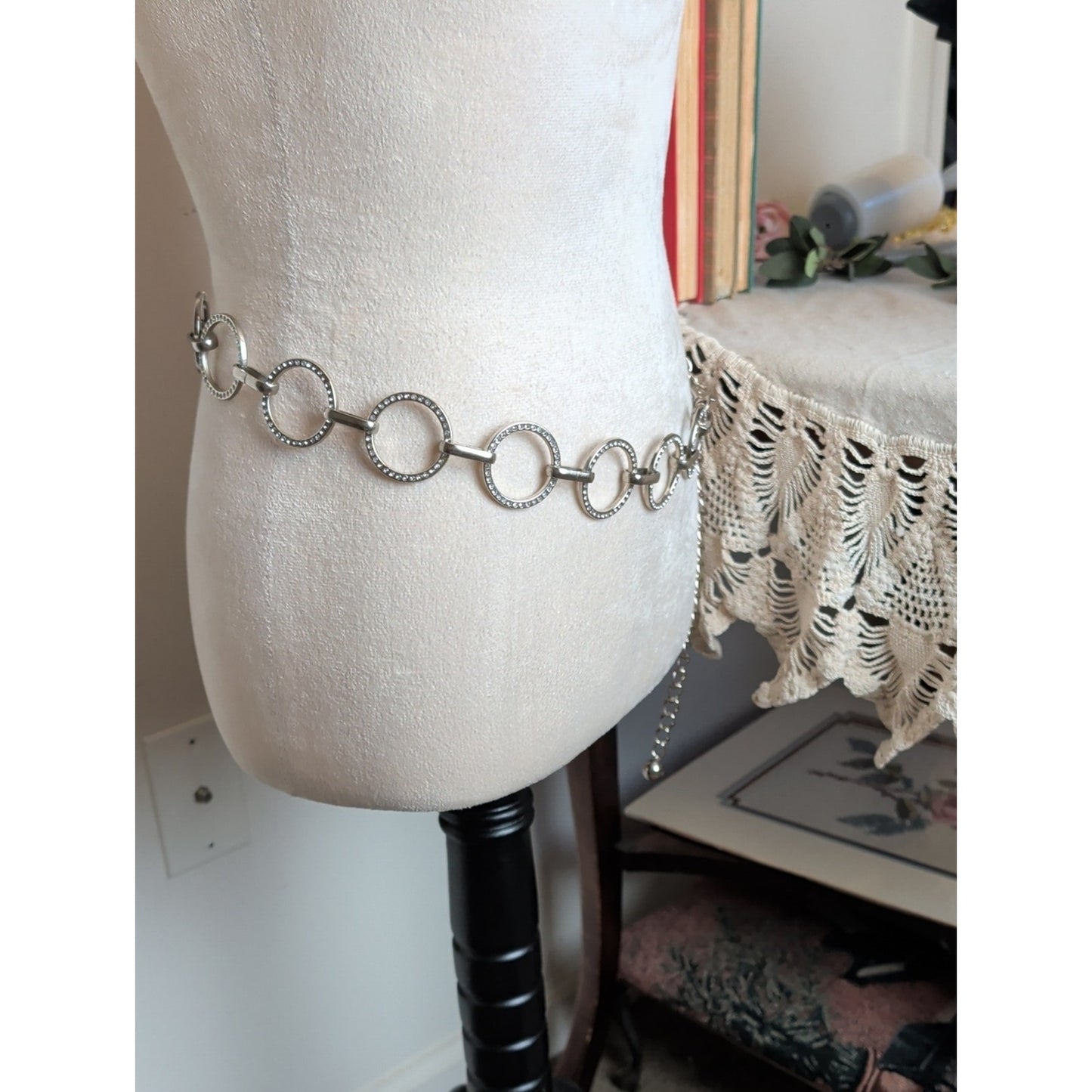 Vintage Y2K Rhinestone Chain Belt  Silver Tone Circle Link McBling 2000s Glam