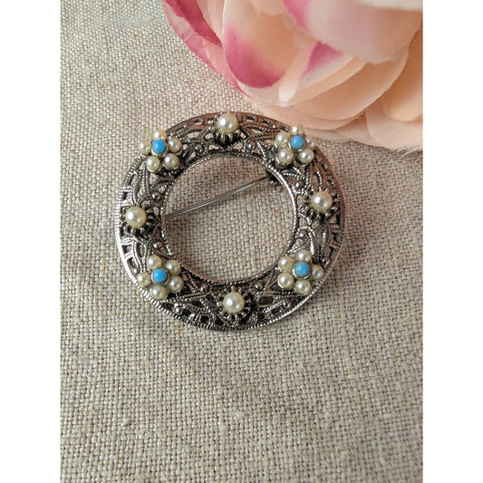 Vintage Faux Pearl Floral Circle Brooch Blue Cabochon Silver Tone Coquette