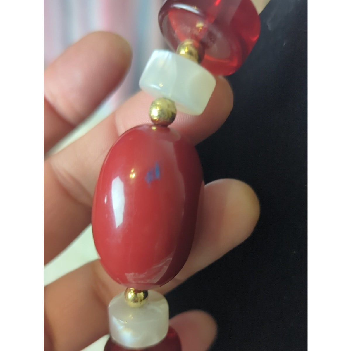 Vintage Monet Red 90's Retro Necklace Chunky Lucite & Gold Beaded Cranberry