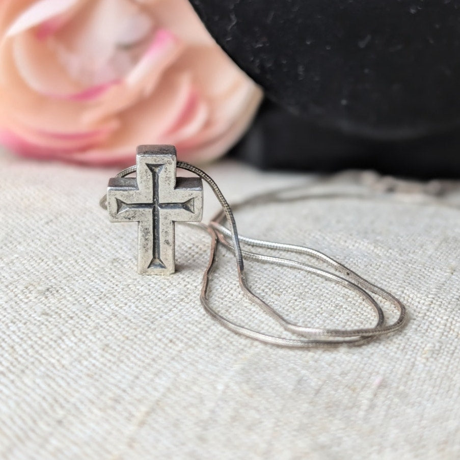 Retired James Avery Dimensional Sterling Silver Cross Pendant on 17" Vintage 925 Snake Chain Necklace - 9g Rare Candelabra Hallmark Unisex