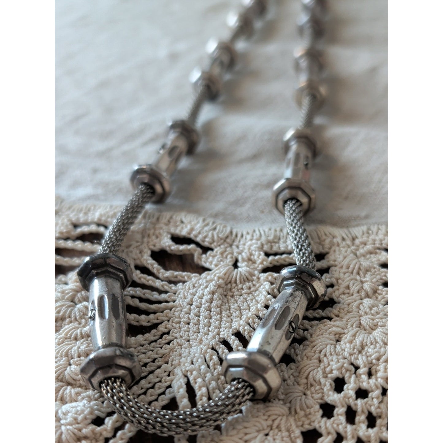 Vintage 80's Industrial Modern Mesh Cable  Necklace Heavy Silver Tone Brutalist