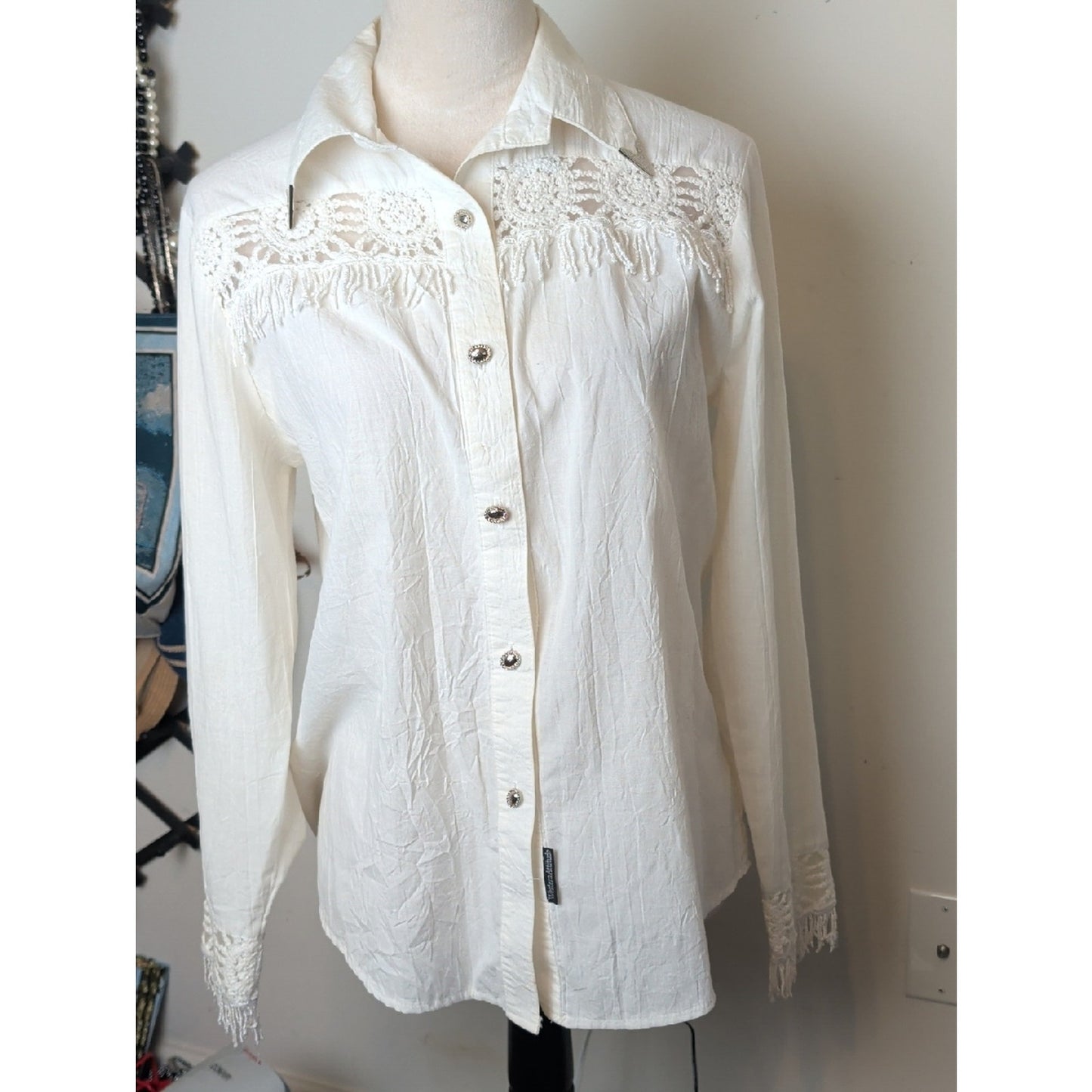 Vintage Lilia Smitty Western Fringe Blouse White Crochet Lace Fringe