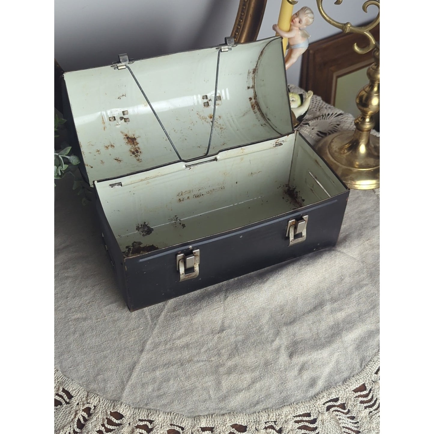 Vintage Metal Lunch Pail Retro Aladdin Black Metal Lunch Box Mid Century
