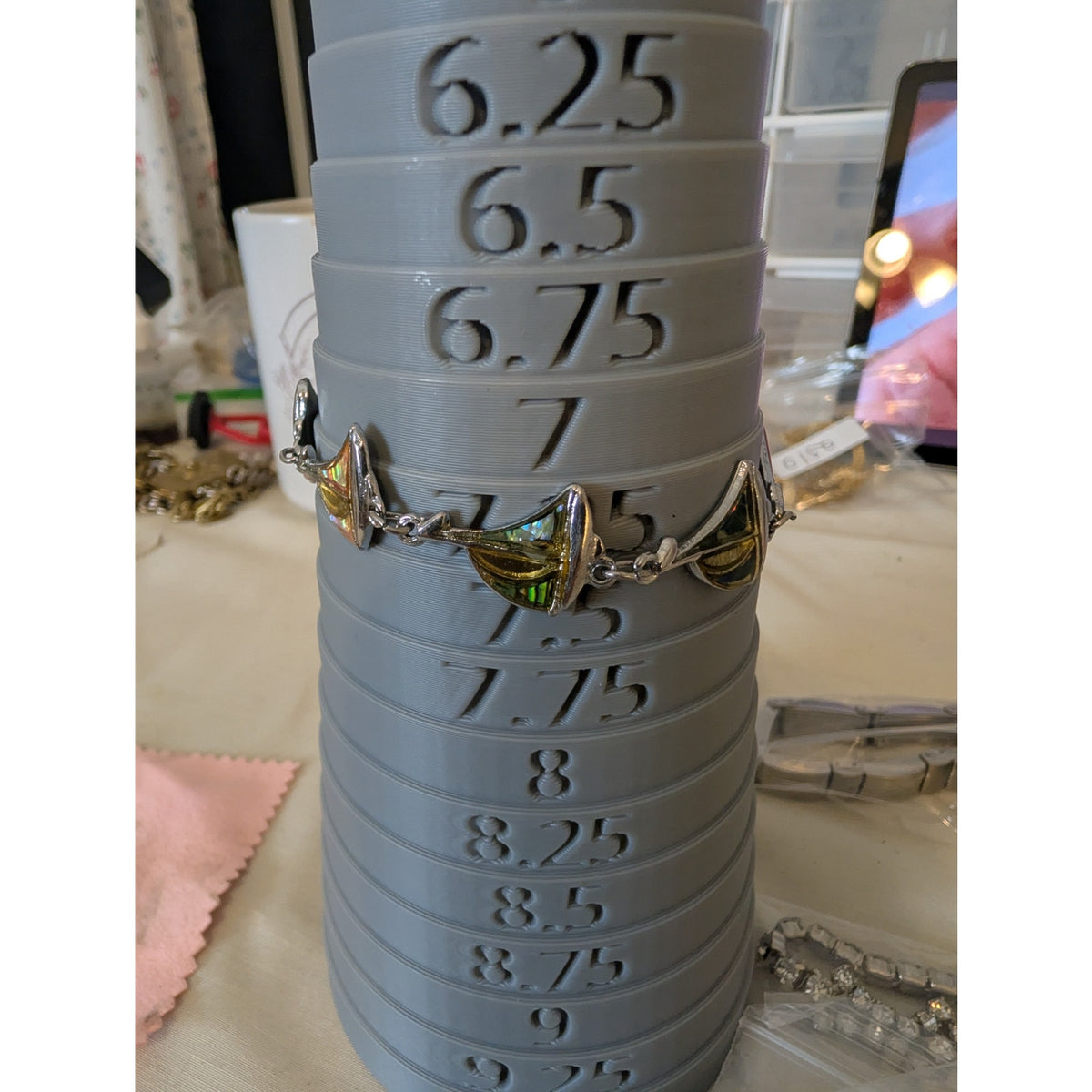 Vintage Silver Tone Sailboat Abalone Inlay Link Bracelet 7.5".