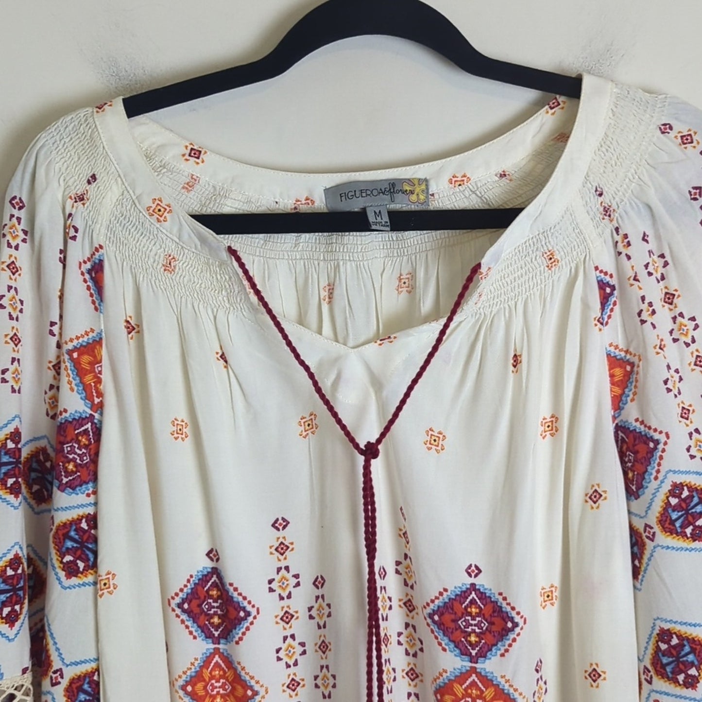 Boho Lightweight Pull Over Top With Crochet Lace Smocked Details Medium