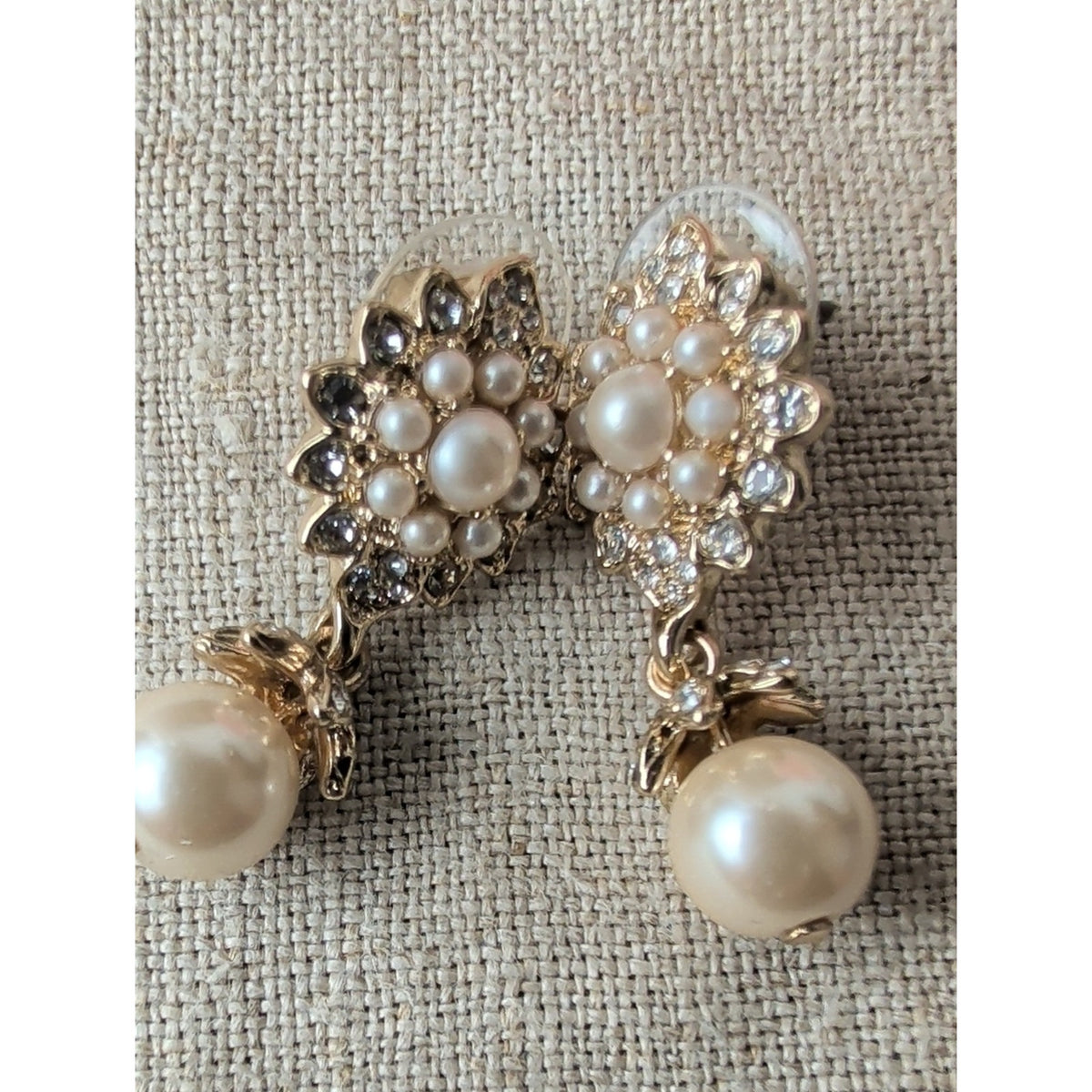 Marchesa Gold Tone Crystal and Pearl Floral Drop Earrings Glam Bridal