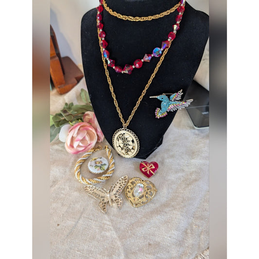 Vintage Coquette Jewelry Lot Ruby Red Hearts Butterfly Brooch Sarah Cov