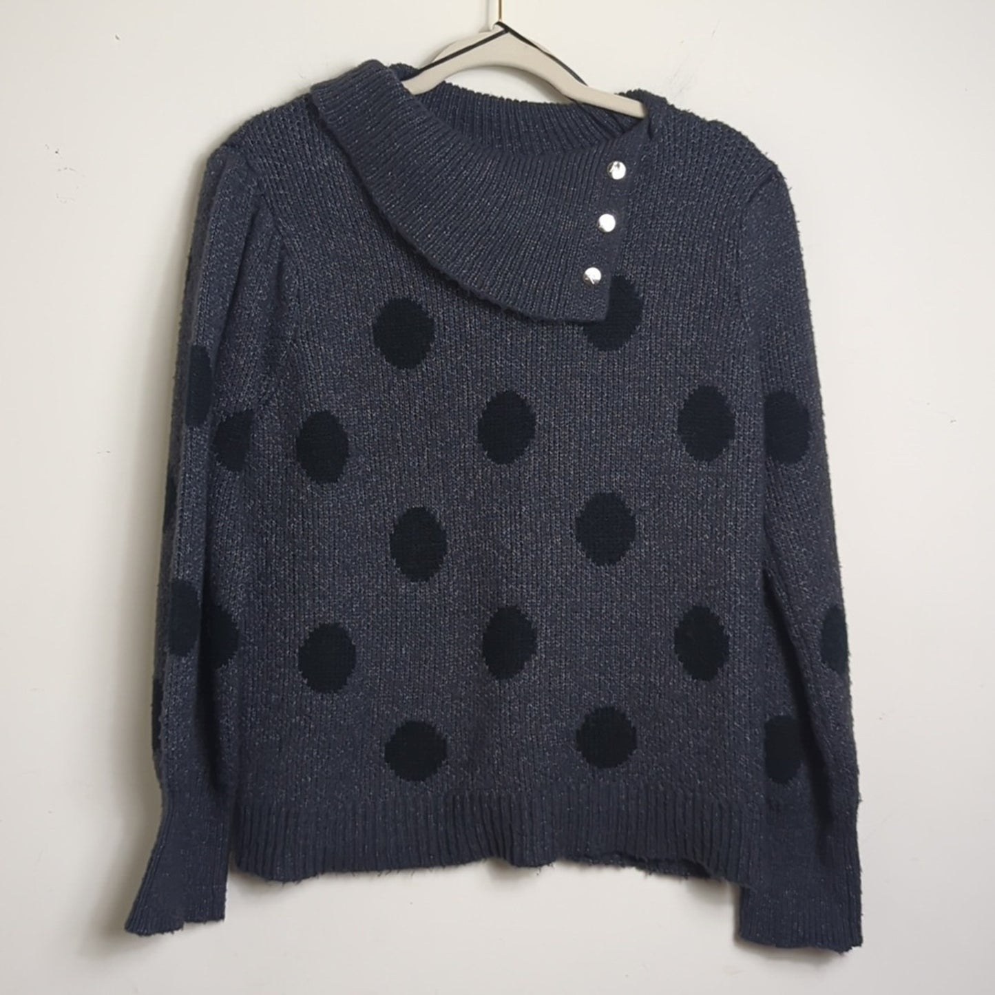 Gray and Black Polka Pullover Sweater Balloon Sleeves Women's XL