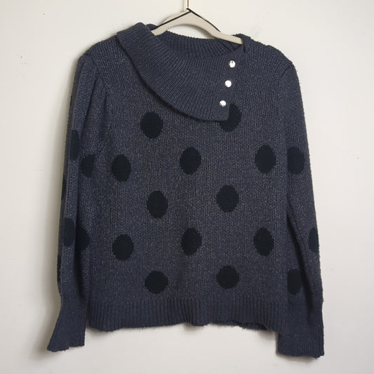 Gray and Black Polka Pullover Sweater Balloon Sleeves Women's XL