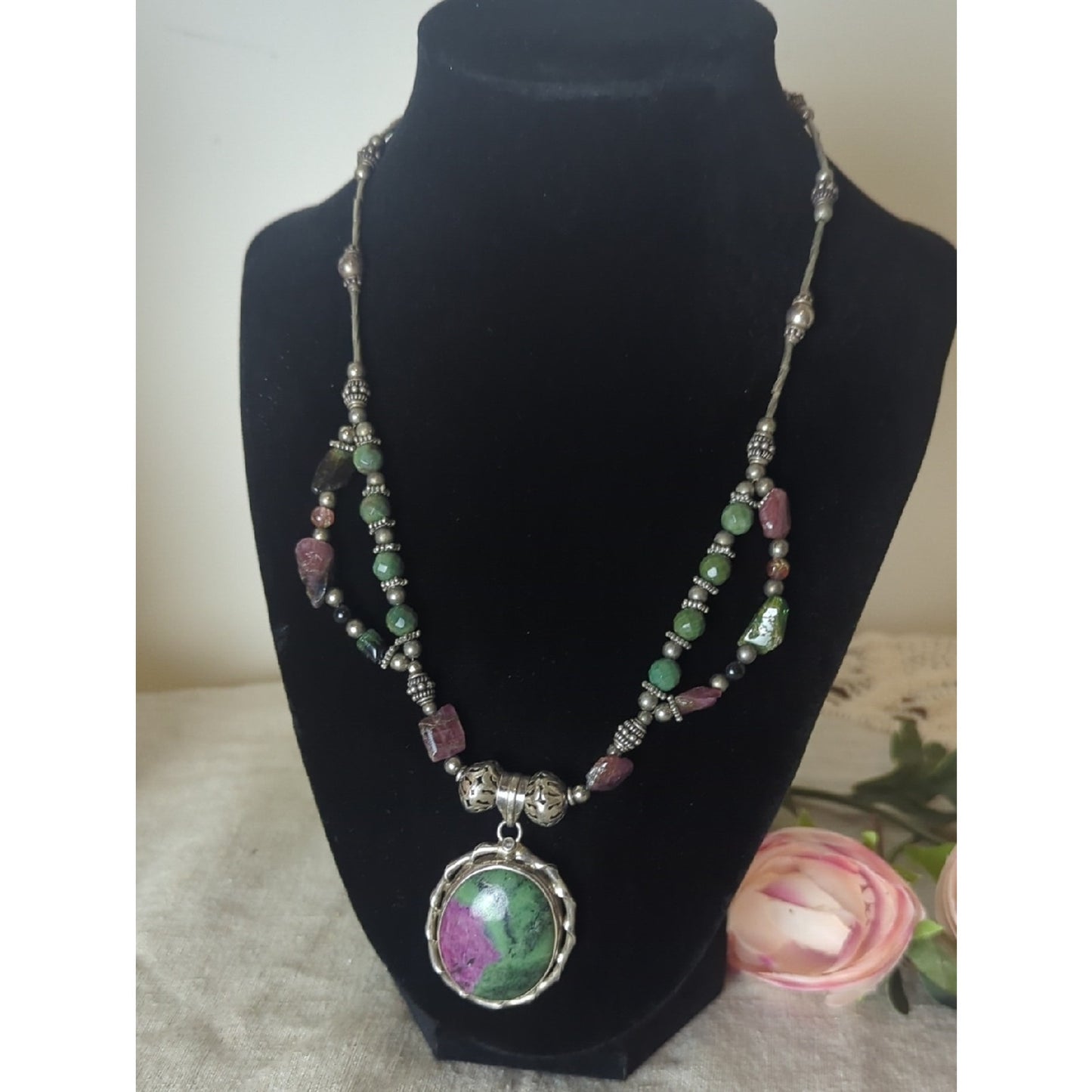 Sterling Silver Ruby Zoisite Statement Necklace, Artisan Gemstone Pendant