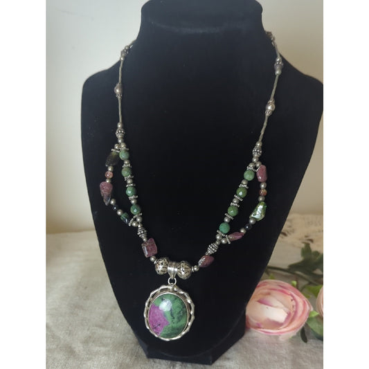 Sterling Silver Ruby Zoisite Statement Necklace, Artisan Gemstone Pendant