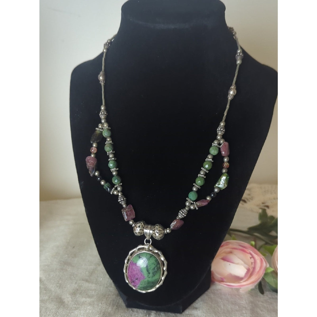 Sterling Silver Ruby Zoisite Statement Necklace, Artisan Gemstone Pendant
