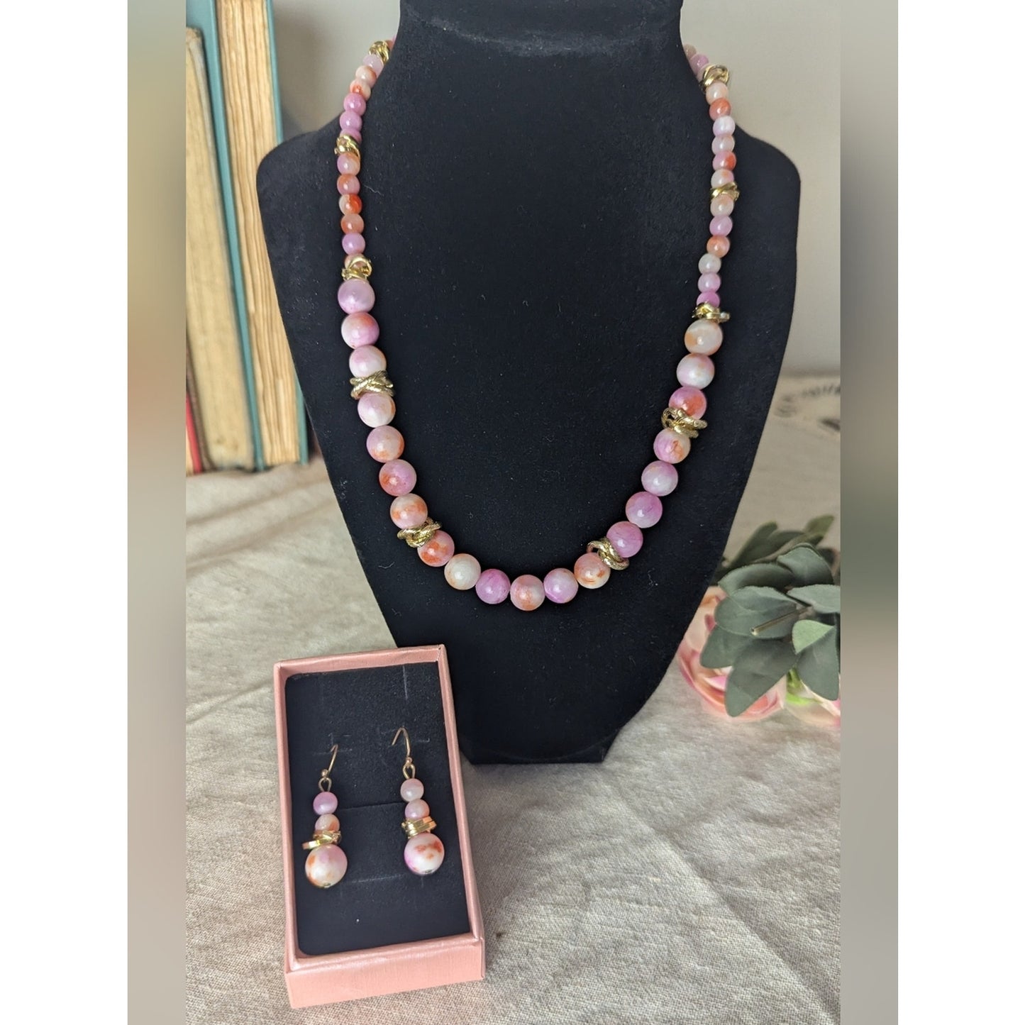 Vintage Pink Marbled Glass Bead Necklace Set Gold Accent Soft Glam Coquette Girl
