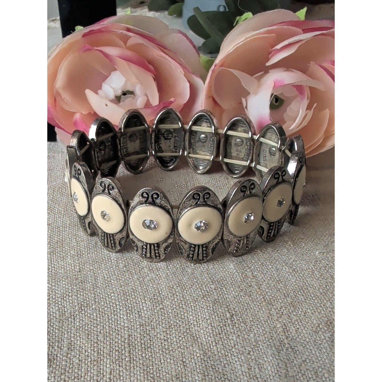 Vintage Cream and Silver Southwestern Meets Art Deco Stretch Bracelet