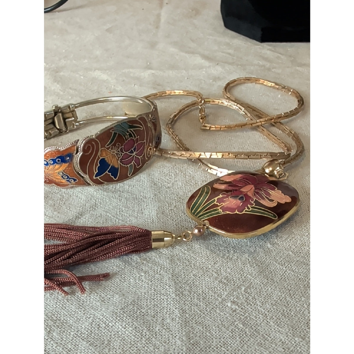 Vintage Cloisonné Style Orchid Tassel Necklace With Hinge Cuff Bracelet