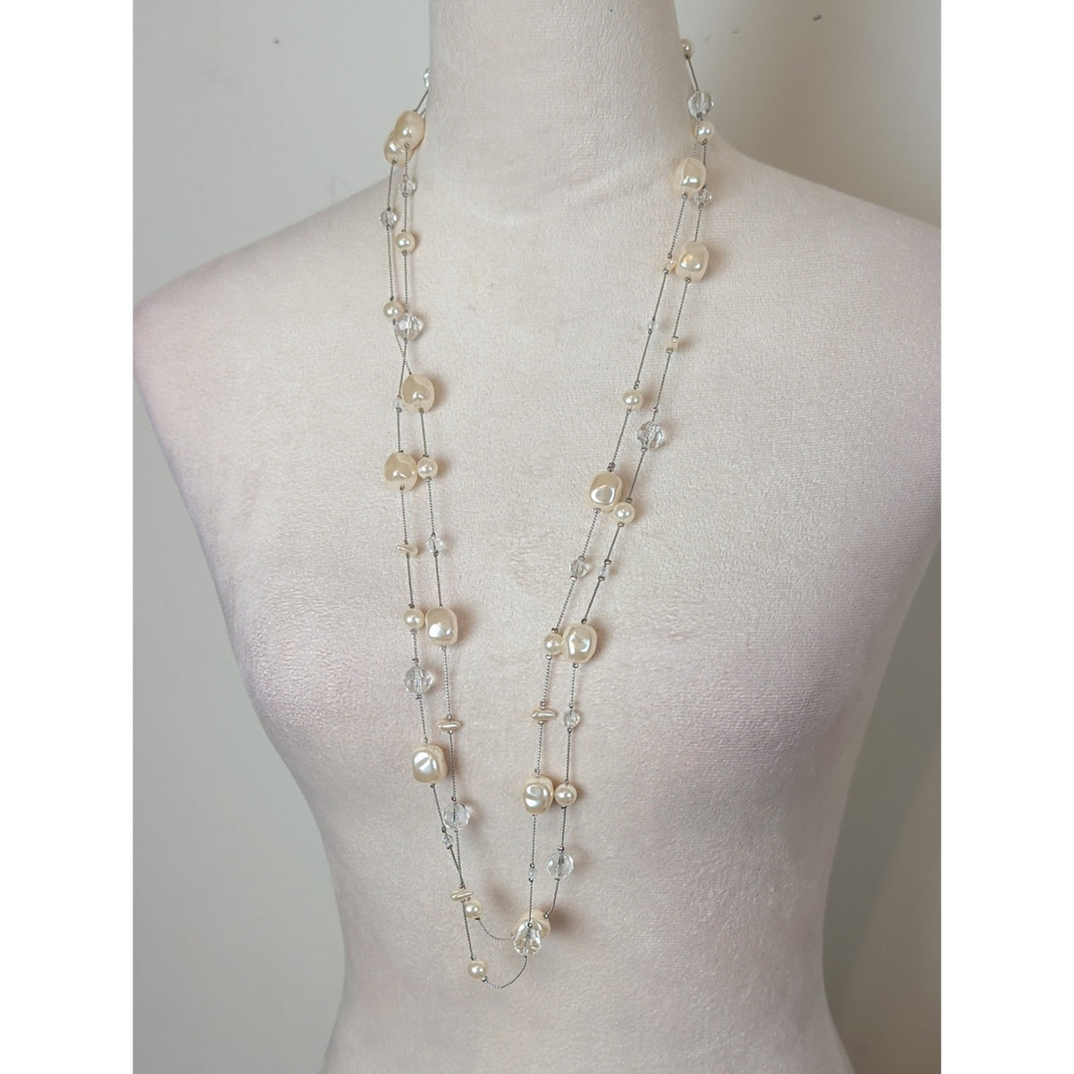 Vintage Opera Length Faux Pearl & Glass Crystal Necklace Romantic Coquette