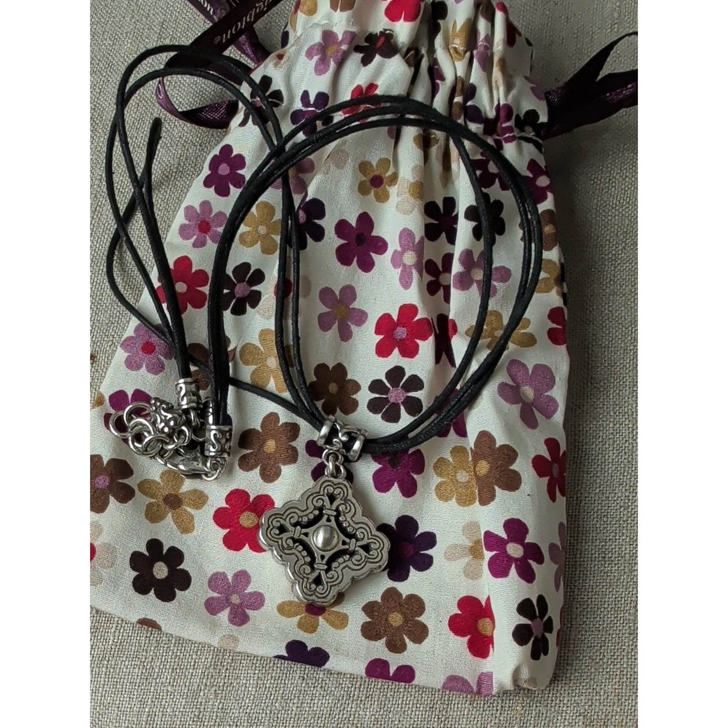 Brighton Silver Plated Scroll Pendant Black Cord Necklace + Floral Pouch