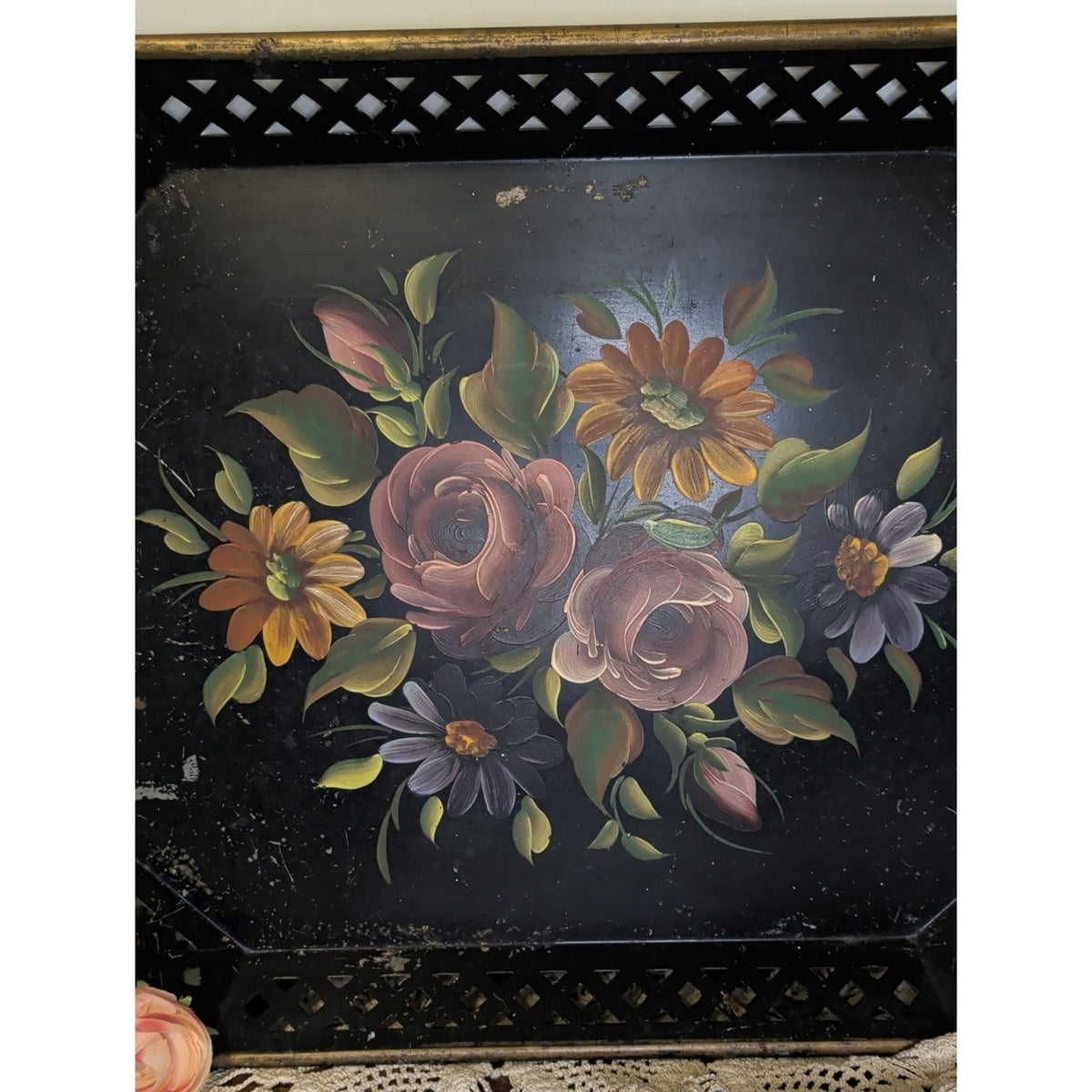 Vintage Tashco Hand Painted Toleware Tray 20” Floral Black Metal Pierced Edge