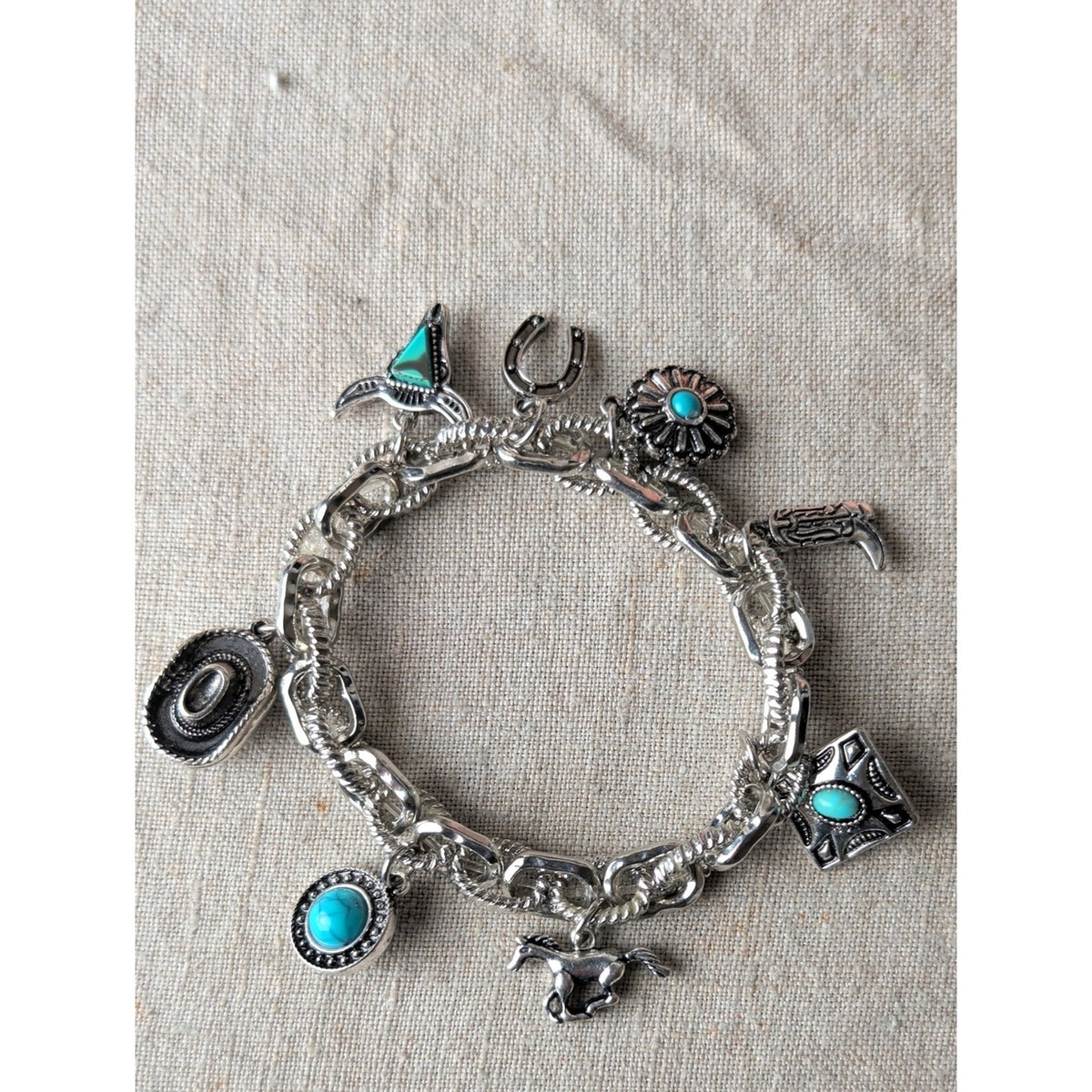Atterie Western Charm Stretch Bracelet 7" Turquoise Color Cowboy Hat Horse