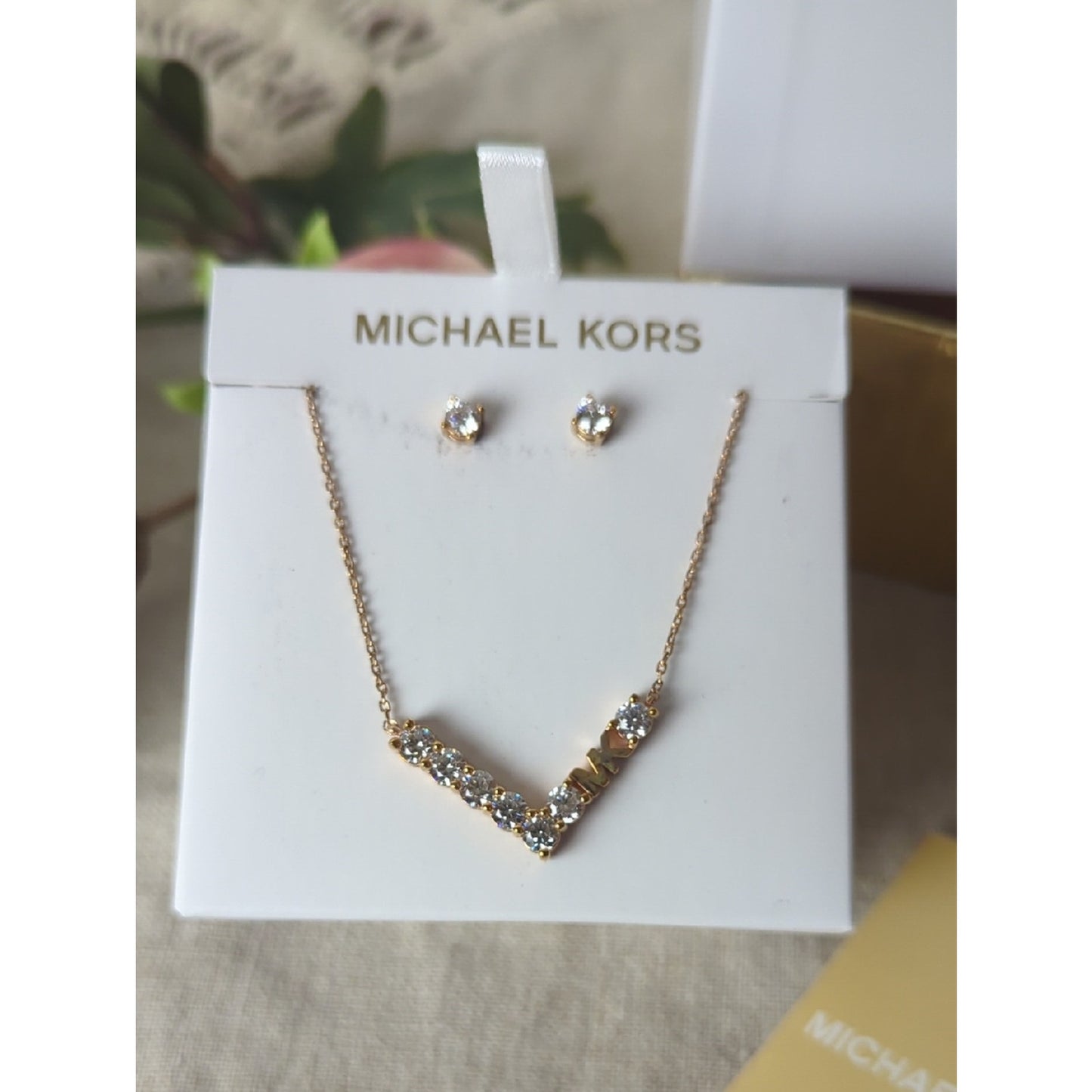 Michael Kors Rose Gold Necklace & Earrings Set  Crystal MK Pendant Jewelry