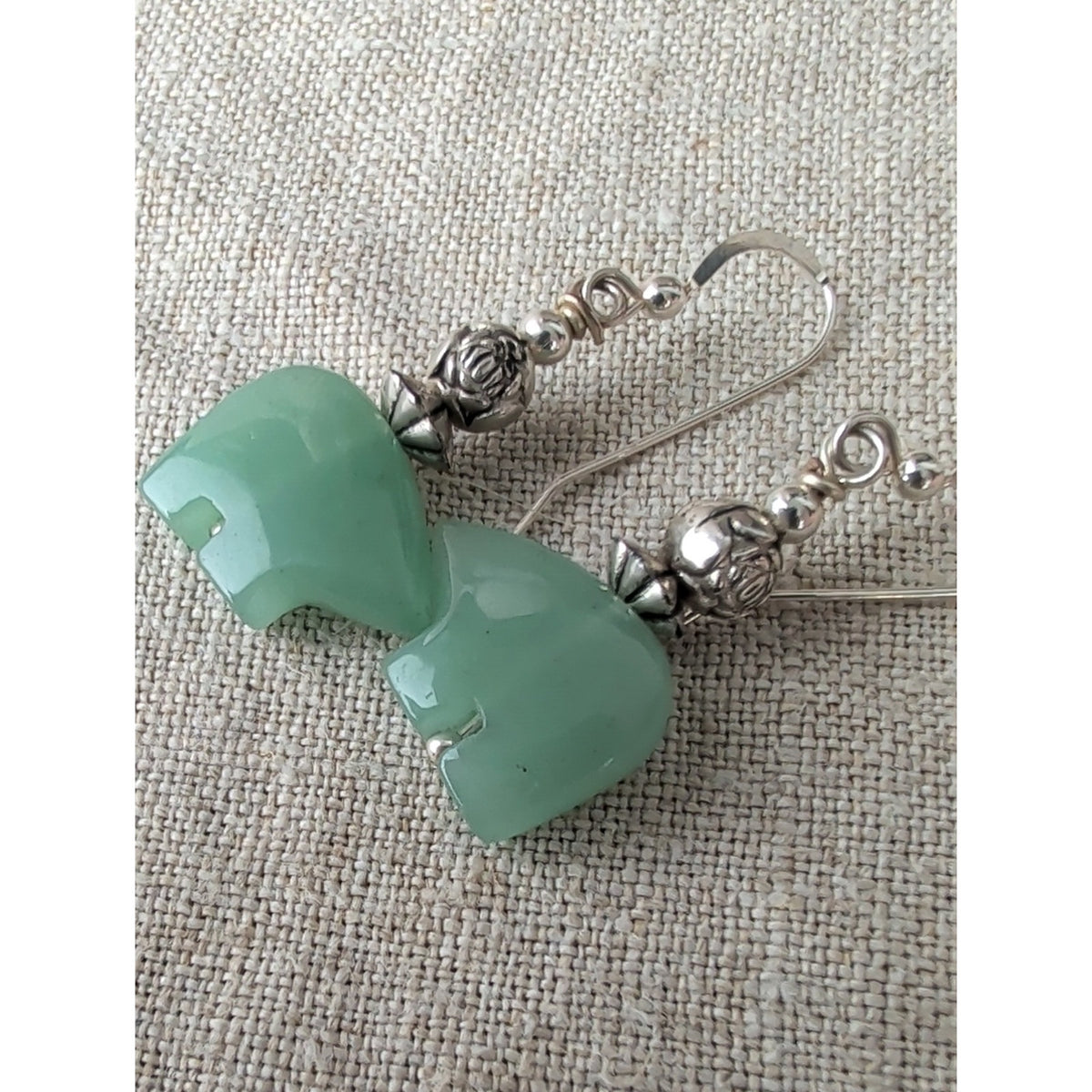 Sterling Silver Green Jadeite Bear Fetish Dangle Earrings Southwestern Artisan