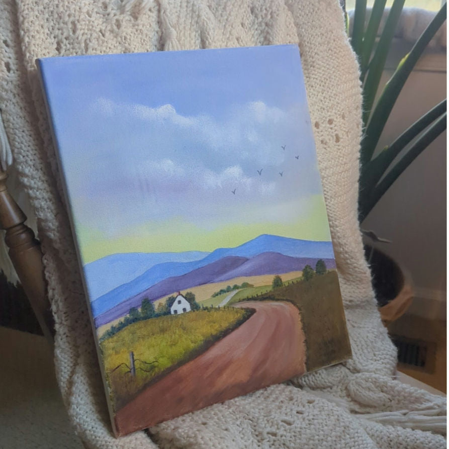 Original Folk Art Landscape Painting Signed J. Hall – Country Road Farmhouse Cottage Art on Canvas