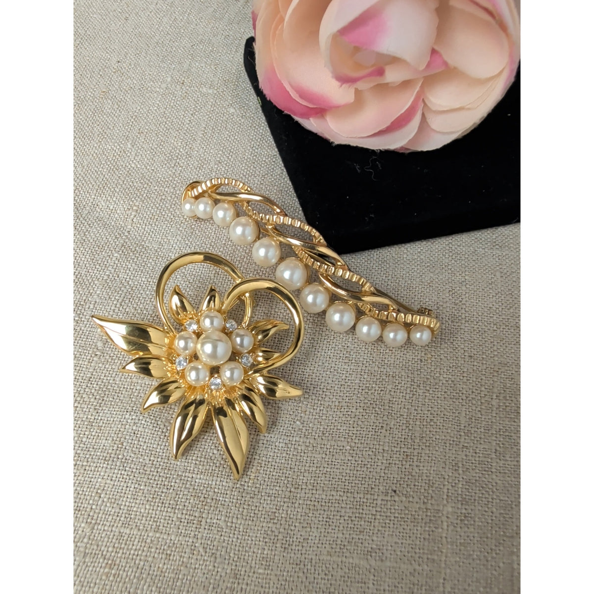 Vintage Gold Tone Faux Pearl Brooch Set of 2 Floral Coquette Romantic Jewelry
