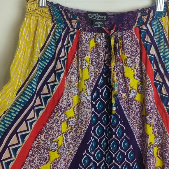 Boho Patchwork Print Art to Wear Pull-on Maxi Skirt Women's Size Medium