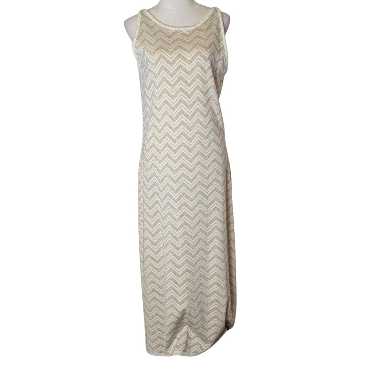 90's Y2K Chevron Maxi Metallic Shirt Dress Sleeveless Resort Glam Size L