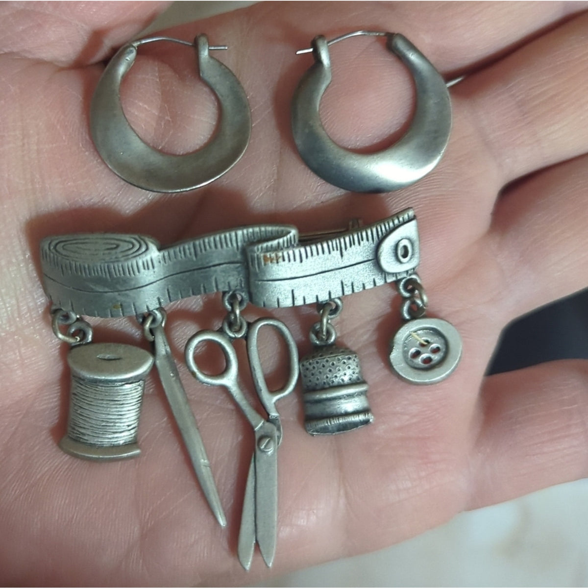 Vintage Sewing Motif Pin & Pewter Hoop Earrings Curated Maker Set