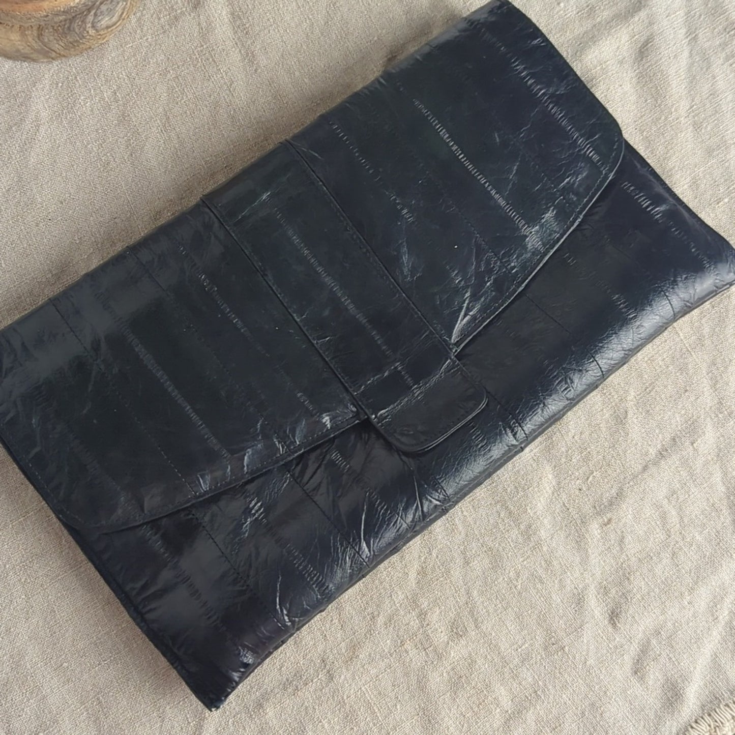 Vintage Black-ish Navy Skin Clutch Wallet | 80s Exotic Leather Evening Bag