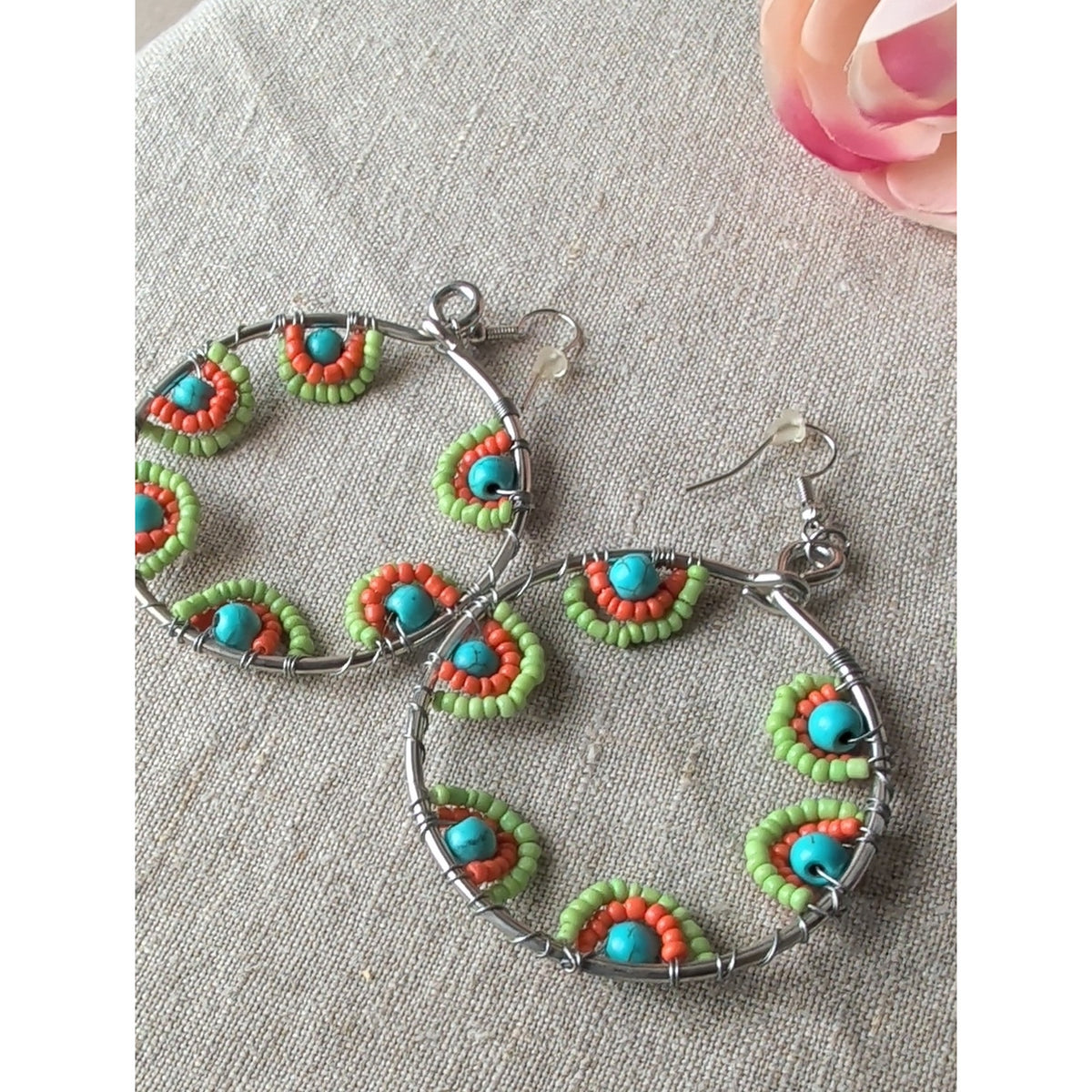 Boho Southwestern Earring Lot of 3 Pairs Artisan Style Beaded Hoops & Dangles