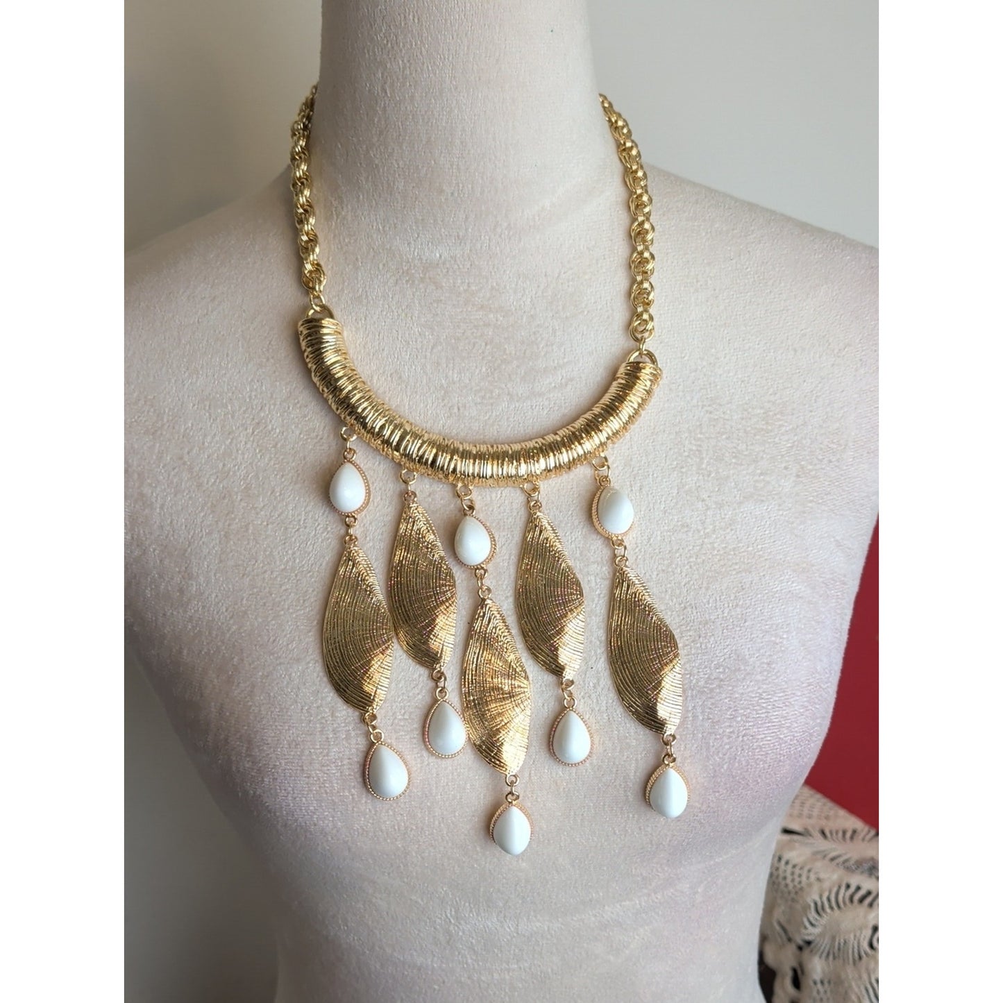 Lilly Pulitzer Gold Tone Statement Necklace Shell Fringe & White Glass Cabochons